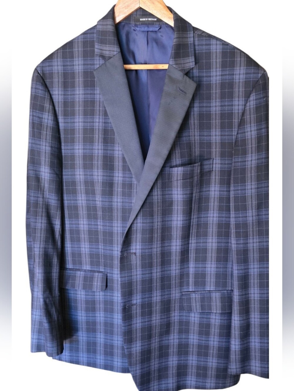 RALPH LAUREN 48R Satin Lapel Dinner Jacket Blue Plaid Tartan Wool Tuxedo